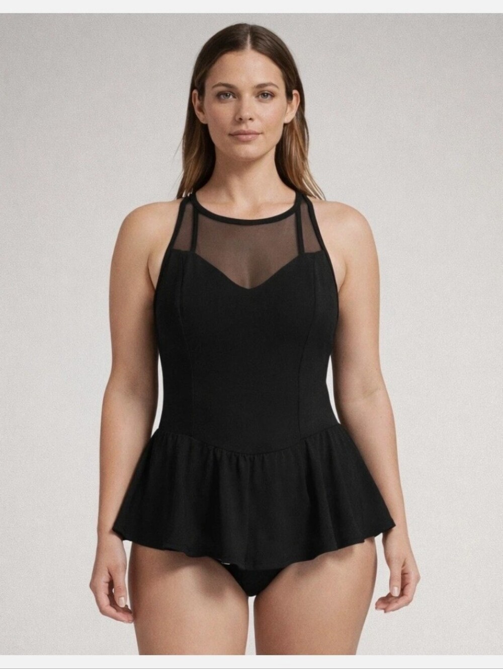 Kathy Irland One-Piece Modest Mesh Top Peplum Black Swimdress Classic Minimal